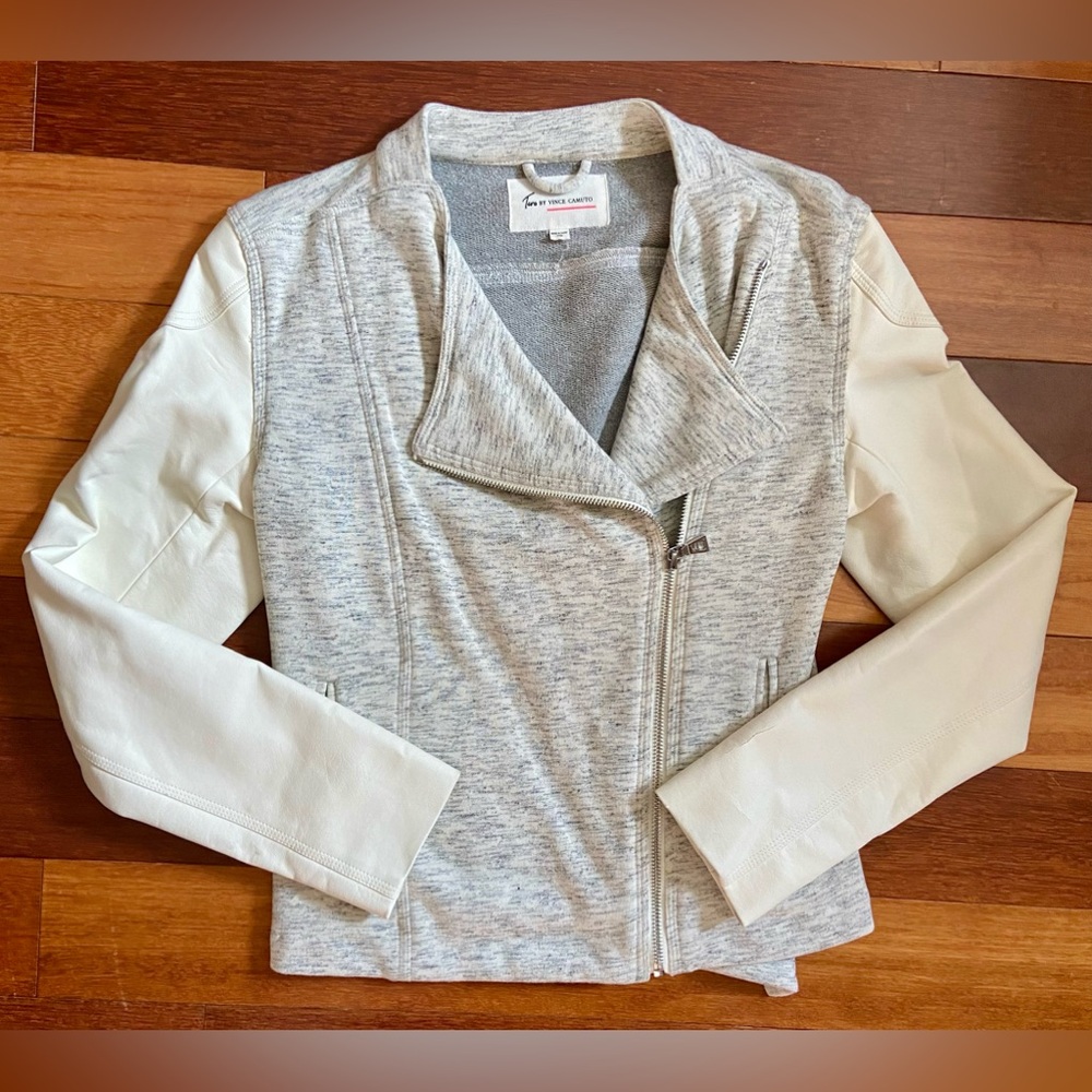 TWO by Vince Camuto Moto Shacket Jacket with Faux Leather Sleeves Zip up